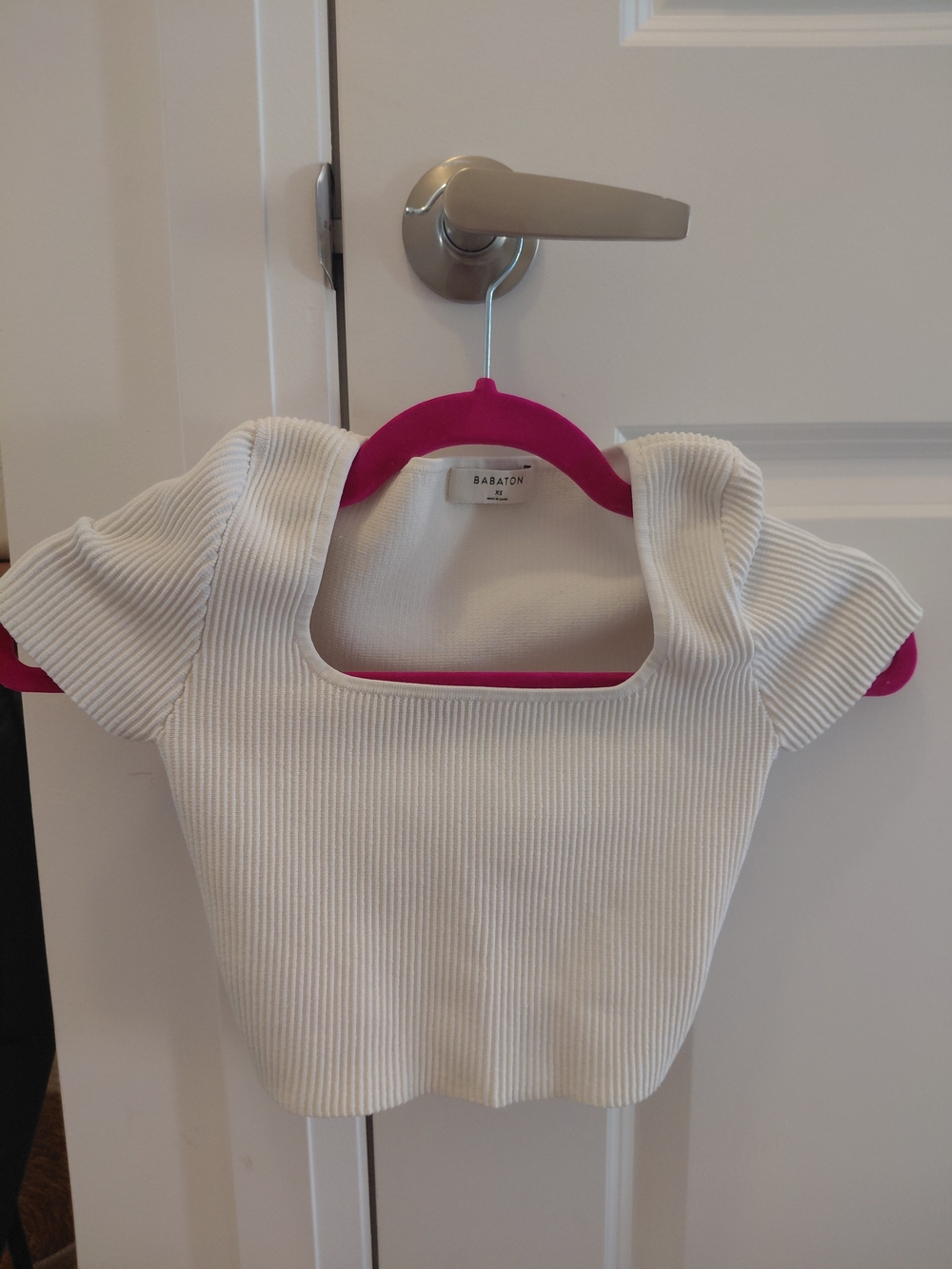 Babaton White Ribbed Square-Neck Short Sleeve